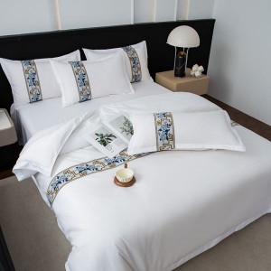 120g hotel solid color satin ribbon duvet cover white bed sheets bed and breakfast four-piece hotel bedding set