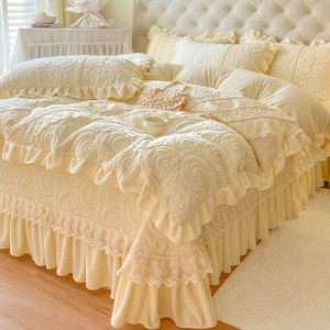 High Quality 4pcs Milk Fleece Yellow Bedsheet Quilted Duvet Quilt Cover Set Customized Ruffles Bedding Set Supplier