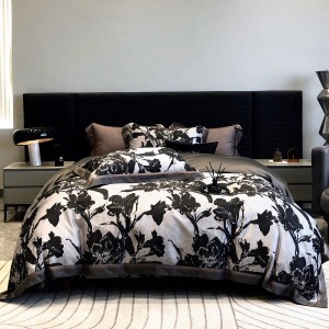 Hot-selling black 4-pieces textile leaves printing 2m/2.2m bedsheet flat sheets 1.8m lyocell cotton quilt cover premium bedding set manufacture