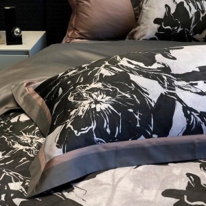 Hot-selling black 4-pieces textile leaves printing 2m/2.2m bedsheet flat sheets 1.8m lyocell cotton quilt cover premium bedding set manufacture