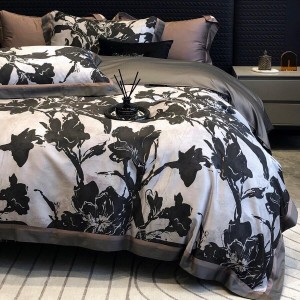 Hot-selling black 4-pieces textile leaves printing 2m/2.2m bedsheet flat sheets 1.8m lyocell cotton quilt cover premium bedding set manufacture