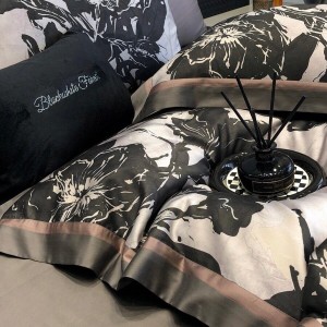 Hot-selling black 4-pieces textile leaves printing 2m/2.2m bedsheet flat sheets 1.8m lyocell cotton quilt cover premium bedding set manufacture