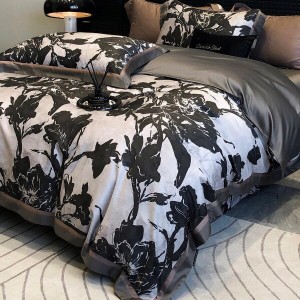 Hot-selling black 4-pieces textile leaves printing 2m/2.2m bedsheet flat sheets 1.8m lyocell cotton quilt cover premium bedding set manufacture