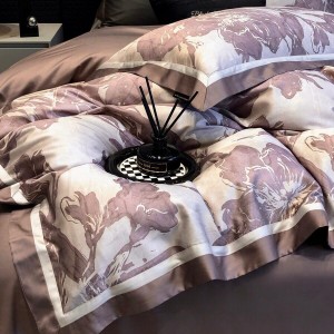 Hot-selling black 4-pieces textile leaves printing 2m/2.2m bedsheet flat sheets 1.8m lyocell cotton quilt cover premium bedding set manufacture