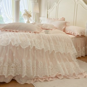 High-end Pink Home Hotel Textiles Solid Color Fitted & Flat Sheets Cotton Bedskirt Set Supplier