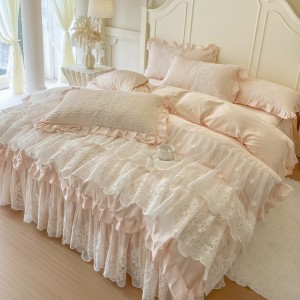 High-end Pink Home Hotel Textiles Solid Color Fitted & Flat Sheets Cotton Bedskirt Set Supplier