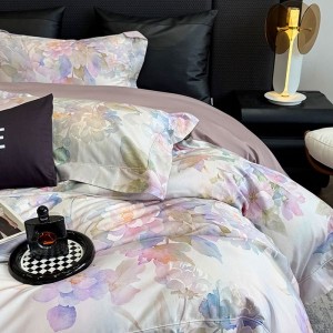 High End Pima Cotton Purple Floral Digital Printing Quilt Cover Four-piece Flat Bed Sheets Bedding Set