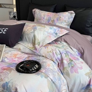 High End Pima Cotton Purple Floral Digital Printing Quilt Cover Four-piece Flat Bed Sheets Bedding Set