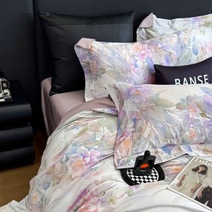 High End Pima Cotton Purple Floral Digital Printing Quilt Cover Four-piece Flat Bed Sheets Bedding Set