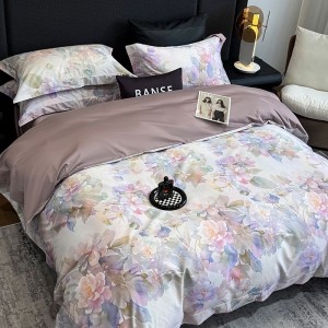 High End Pima Cotton Purple Floral Digital Printing Quilt Cover Four-piece Flat Bed Sheets Bedding Set