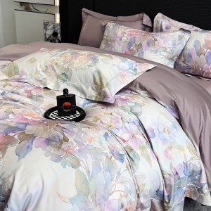 High End Pima Cotton Purple Floral Digital Printing Quilt Cover Four-piece Flat Bed Sheets Bedding Set