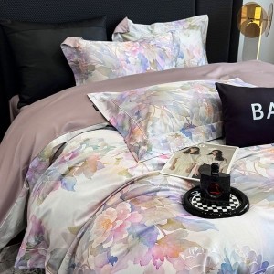 High End Pima Cotton Purple Floral Digital Printing Quilt Cover Four-piece Flat Bed Sheets Bedding Set