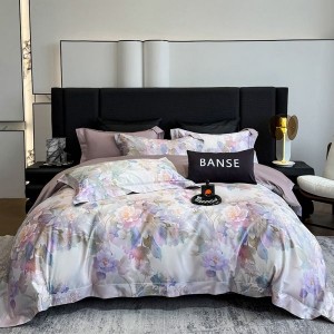 High End Pima Cotton Purple Floral Digital Printing Quilt Cover Four-piece Flat Bed Sheets Bedding Set