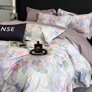 High End Pima Cotton Purple Floral Digital Printing Quilt Cover Four-piece Flat Bed Sheets Bedding Set