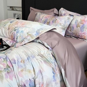High End Pima Cotton Purple Floral Digital Printing Quilt Cover Four-piece Flat Bed Sheets Bedding Set