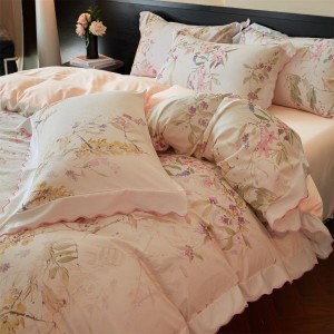 A Class 100S Cotton Brushed Digital Printing Duvet Comforter Cover Light Pink Floral Plant Bedding Set