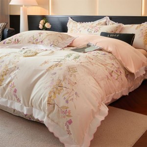 A Class 100S Cotton Brushed Digital Printing Duvet Comforter Cover Light Pink Floral Plant Bedding Set