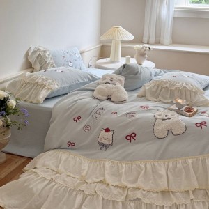 2025 new cotton double-layer yarn cartoon patch embroidery autumn and winter four-piece bedding set