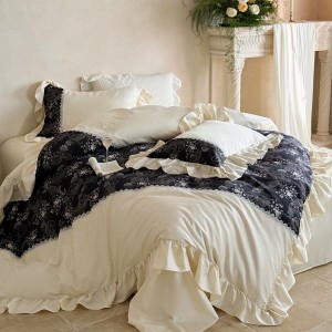 50S Long Staple Cotton Floral Plant Printing Lace Edge Quilt Cover Four Piece Bedding Set