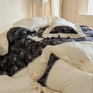 50S Long Staple Cotton Floral Plant Printing Lace Edge Quilt Cover Four Piece Bedding Set