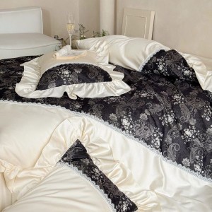 50S Long Staple Cotton Floral Plant Printing Lace Edge Quilt Cover Four Piece Bedding Set