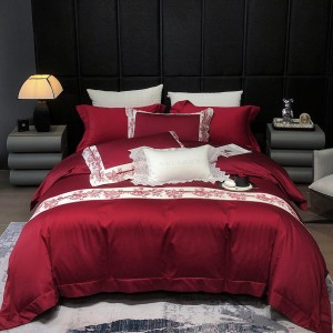 High-End red patchwork comforter set 500TC bedsheets queen king size coverlets with 2 embroidery pillowslips bedding set supplier