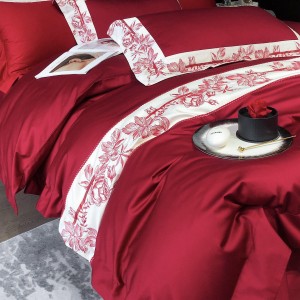 Light luxury red senior satin cotton bed linen exquisite king size house embroidery comforter cover bedroom bedding set wholesaler