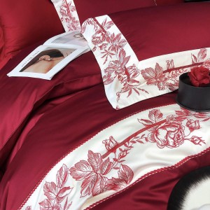 High-End red patchwork comforter set 500TC bedsheets queen king size coverlets with 2 embroidery pillowslips bedding set supplier