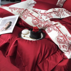 High-End red patchwork comforter set 500TC bedsheets queen king size coverlets with 2 embroidery pillowslips bedding set supplier