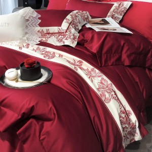 High-End red patchwork comforter set 500TC bedsheets queen king size coverlets with 2 embroidery pillowslips bedding set supplier