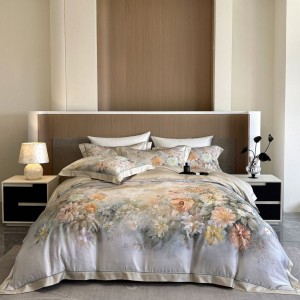 Wholesale high-end pillowcases blue printing comforter set soft bed linen fitted sheets 2m/2.2m lyocell cotton bedding set for adults