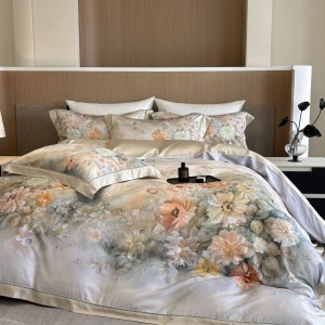 Wholesale high-end pillowcases blue printing comforter set soft bed linen fitted sheets 2m/2.2m lyocell cotton bedding set for adults