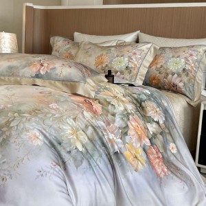 Wholesale high-end pillowcases blue printing comforter set soft bed linen fitted sheets 2m/2.2m lyocell cotton bedding set for adults