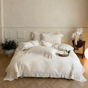 Linen Cotton Jacquard 4PCS Bedding Set White Lace Embroidery Quilt Cover Pillowcases Soft Bed Sheets