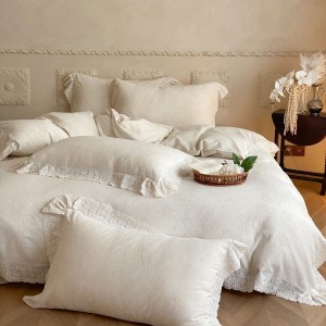 Linen Cotton Jacquard 4PCS Bedding Set White Lace Embroidery Quilt Cover Pillowcases Soft Bed Sheets