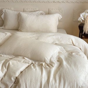 Linen Cotton Jacquard 4PCS Bedding Set White Lace Embroidery Quilt Cover Pillowcases Soft Bed Sheets