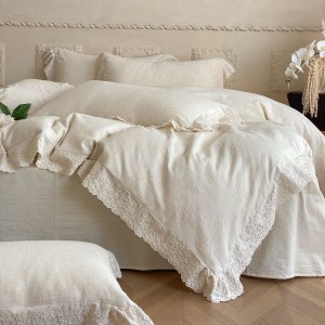 Linen Cotton Jacquard 4PCS Bedding Set White Lace Embroidery Quilt Cover Pillowcases Soft Bed Sheets