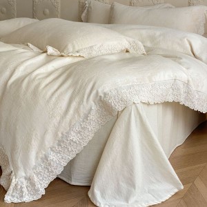 Linen Cotton Jacquard 4PCS Bedding Set White Lace Embroidery Quilt Cover Pillowcases Soft Bed Sheets