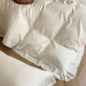 Linen Cotton Jacquard 4PCS Bedding Set White Lace Embroidery Quilt Cover Pillowcases Soft Bed Sheets