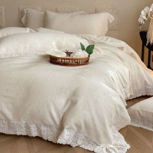 Linen Cotton Jacquard 4PCS Bedding Set White Lace Embroidery Quilt Cover Pillowcases Soft Bed Sheets