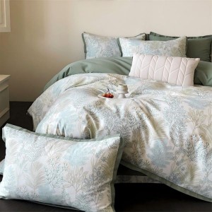 100% Cotton Brushed Swallowtail Corner Quilt Cover Green Flat Bed Sheet Floral Plant Printing 4PCS Bedding Set