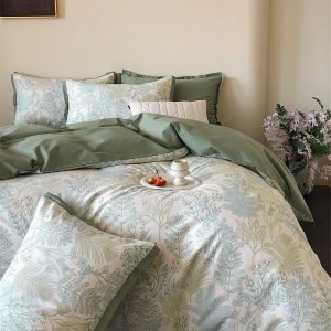 100% Cotton Brushed Swallowtail Corner Quilt Cover Green Flat Bed Sheet Floral Plant Printing 4PCS Bedding Set