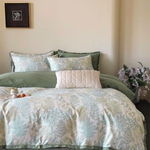 100% Cotton Brushed Swallowtail Corner Quilt Cover Green Flat Bed Sheet Floral Plant Printing 4PCS Bedding Set