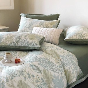 100% Cotton Brushed Swallowtail Corner Quilt Cover Green Flat Bed Sheet Floral Plant Printing 4PCS Bedding Set