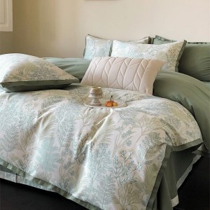 100% Cotton Brushed Swallowtail Corner Quilt Cover Green Flat Bed Sheet Floral Plant Printing 4PCS Bedding Set