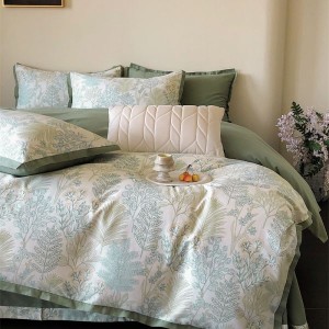 100% Cotton Brushed Swallowtail Corner Quilt Cover Green Flat Bed Sheet Floral Plant Printing 4PCS Bedding Set