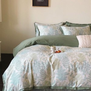 100% Cotton Brushed Swallowtail Corner Quilt Cover Green Flat Bed Sheet Floral Plant Printing 4PCS Bedding Set