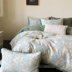 100% Cotton Brushed Swallowtail Corner Quilt Cover Green Flat Bed Sheet Floral Plant Printing 4PCS Bedding Set