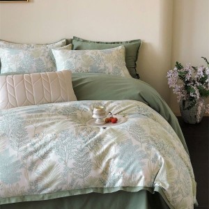 100% Cotton Brushed Swallowtail Corner Quilt Cover Green Flat Bed Sheet Floral Plant Printing 4PCS Bedding Set