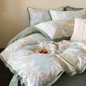 100% Cotton Brushed Swallowtail Corner Quilt Cover Green Flat Bed Sheet Floral Plant Printing 4PCS Bedding Set